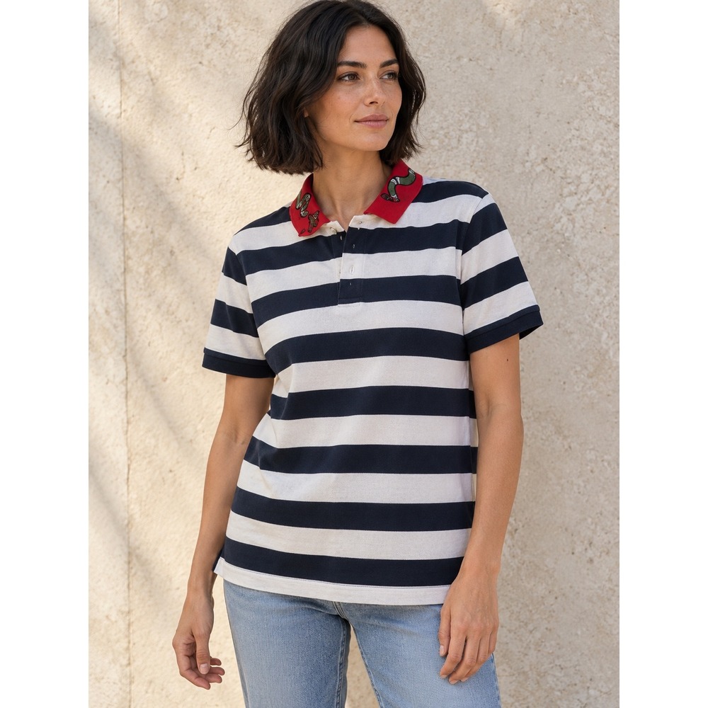 Gucci Striped Polo Shirt Snake Bee Embroidered Red Collar Navy White M